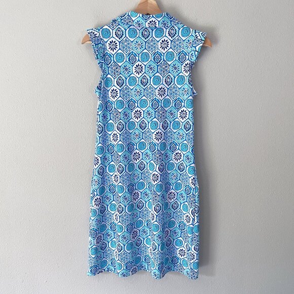 Ibkul Terra Print Sleeveless Ruffle Dress Size XS Seafoam Blue Mandala UPF 50+ - Picture 2 of 12